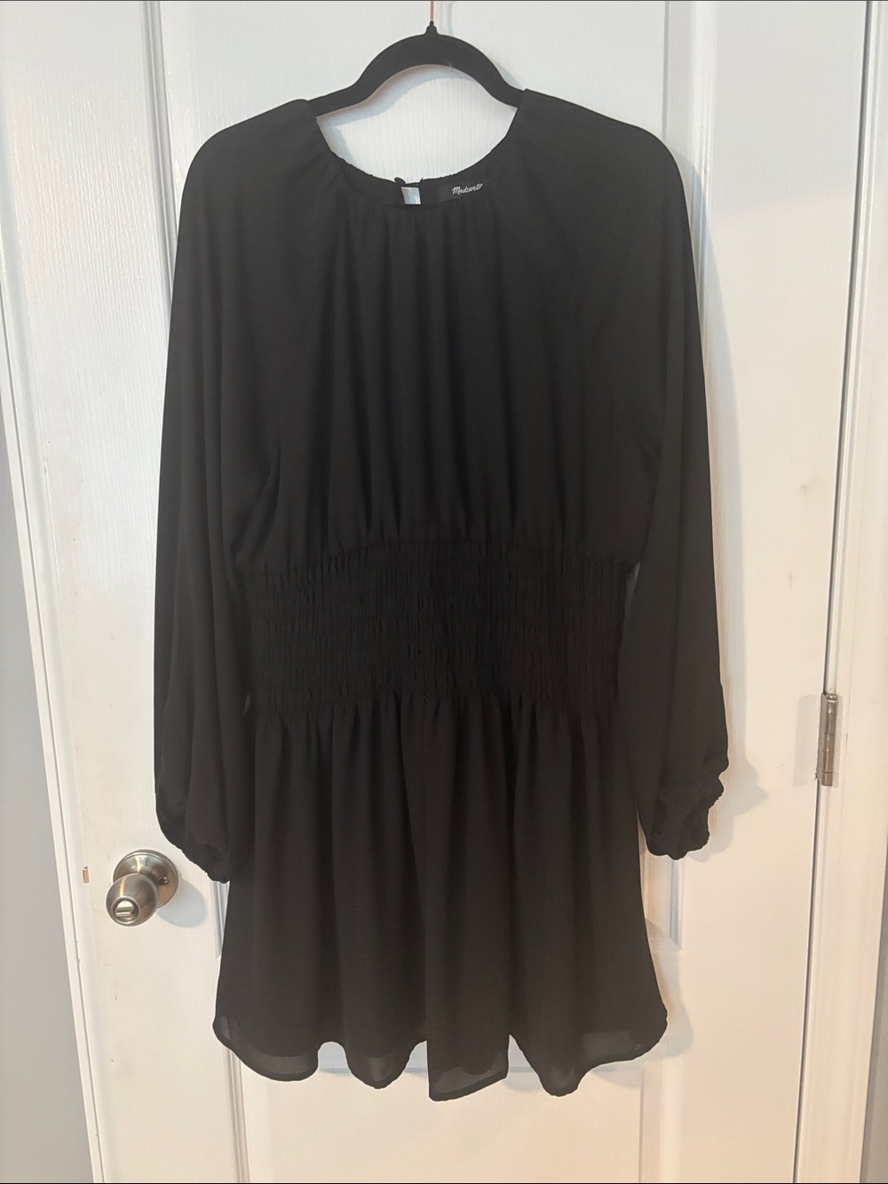 Madewell Black Long-Sleeve Smocked-Waist Mini Dress